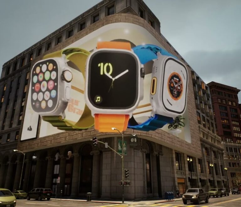 Digital billboard displaying a vibrant ad in a busy city center