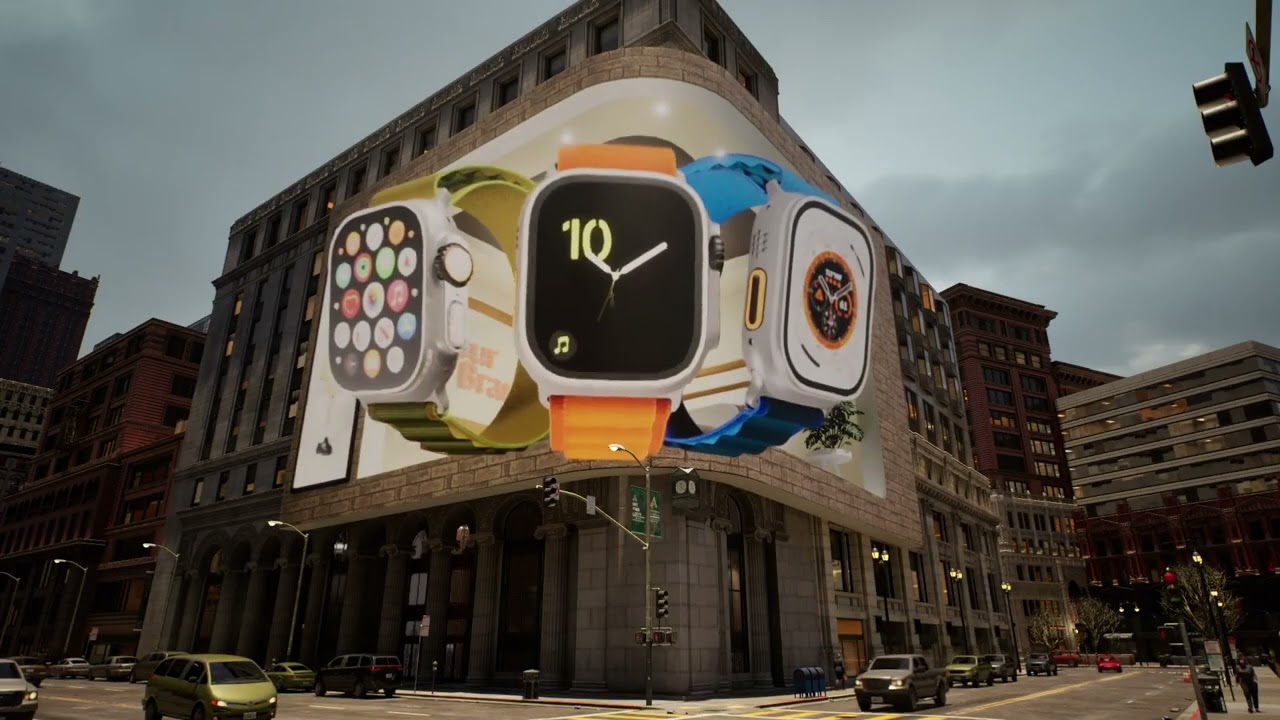 Digital billboard displaying a vibrant ad in a busy city center